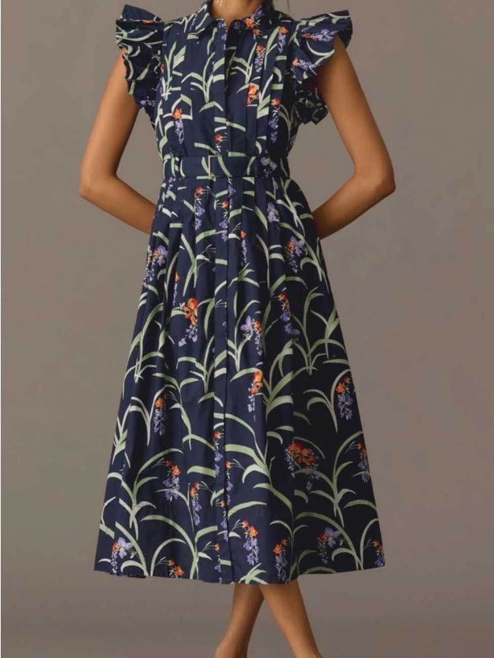 Maeve Navy Floral Midi Dress with Ruffle Cap Sleeves - Picture 1 of 5